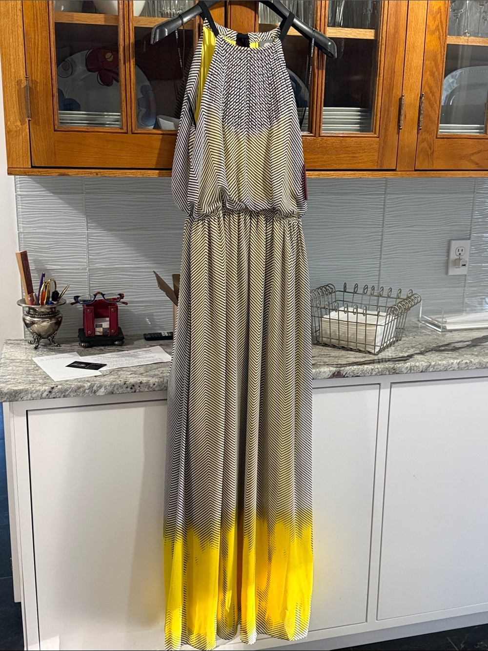 Vince Camuto Black, White & Yellow Ombre Halter Maxi Dress